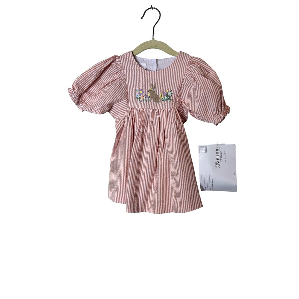 Bonnie Baby Dress Girls 12 Months Pink Stripe Bunny Embroidered‎ Puff Sleeve